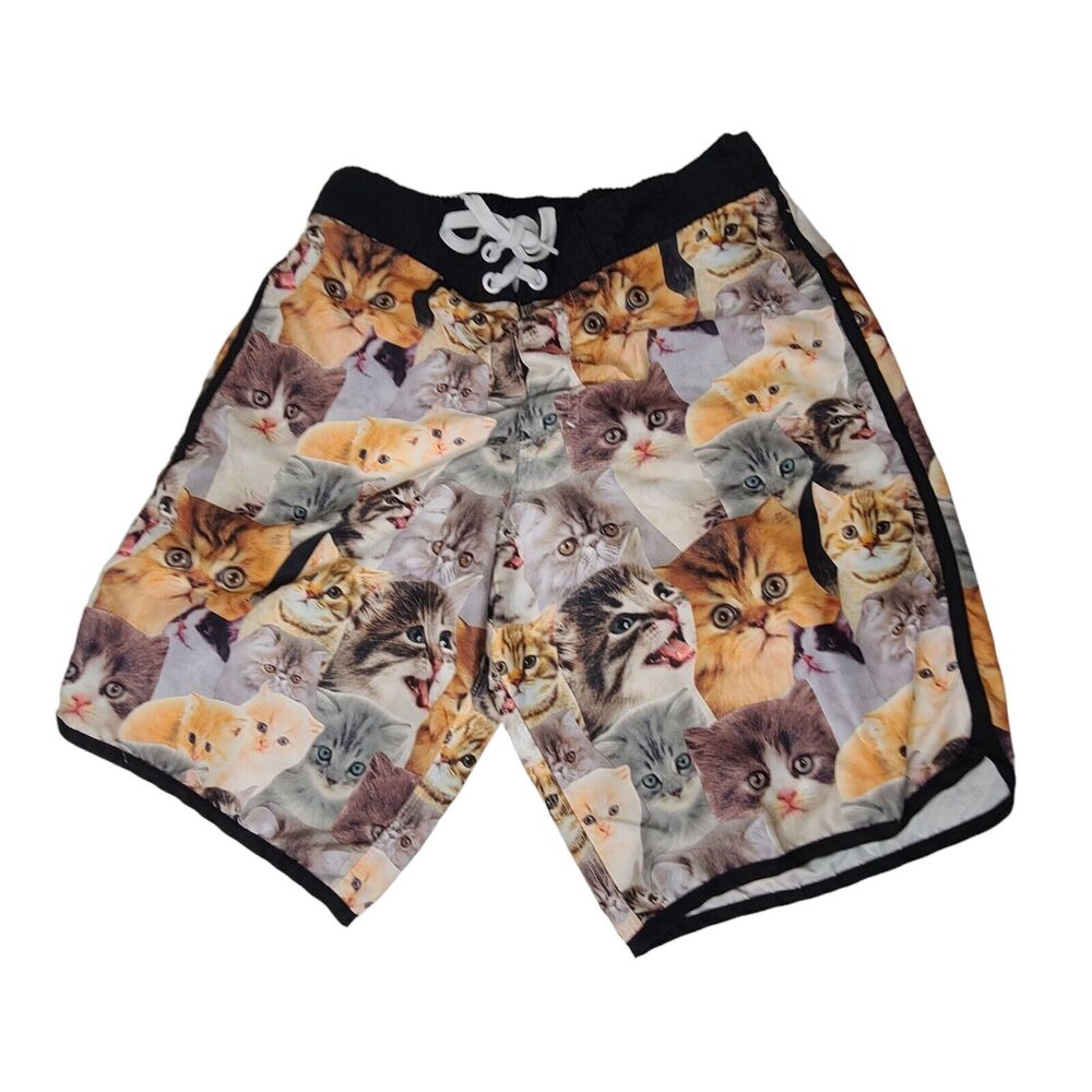 BioWorld Men's SZ Small Swim‎ Trunks Kitten Cat Print Lined Pockets Cruise Beach